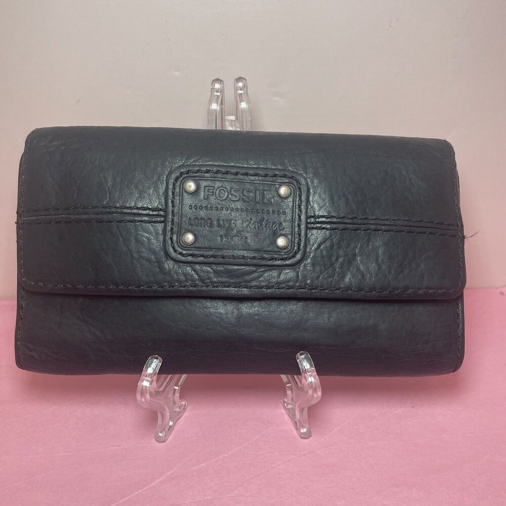 Fossil Long Live Vintage Leather Black Trifold Wallet Checkbook Card Organizer